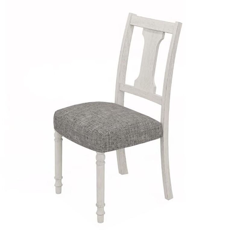 Sane 19 Inch Dining Side Chair Set of 2, Fiddleback, White Wood, Gray Linen - Benzara