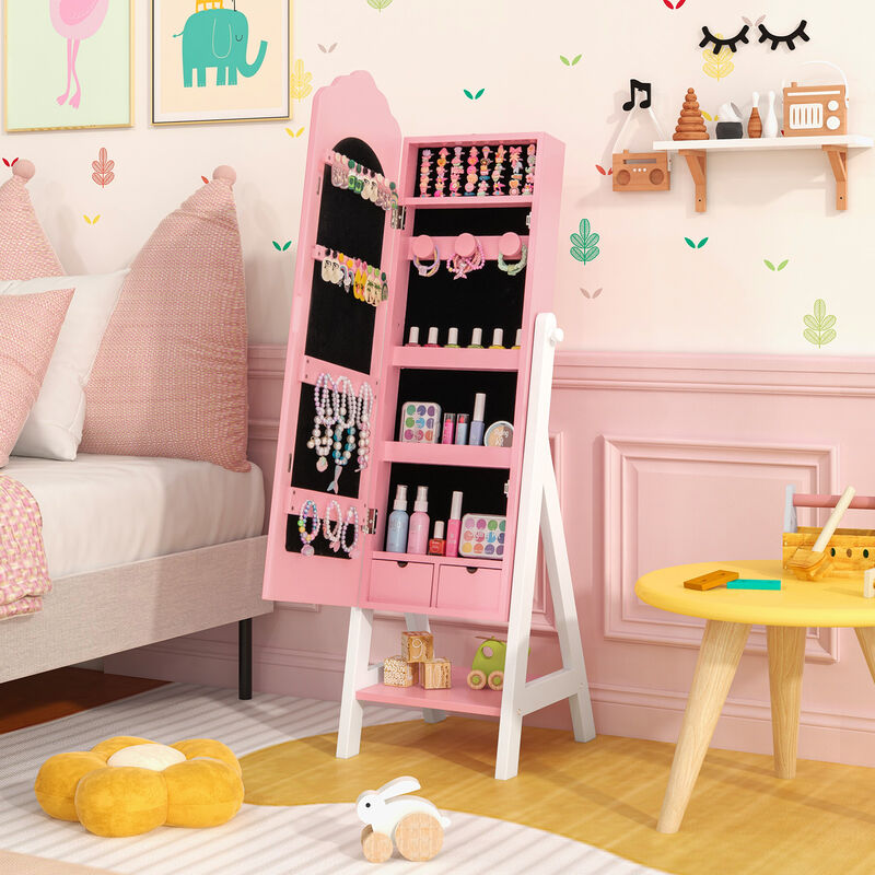 2 Pieces Kids Vanity Set and Jewelry Armoire Cabinet with Full-length Mirror