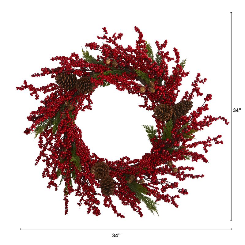 Hivvago 34" Cypress Artificial Wreath with Berries and Pine Cones