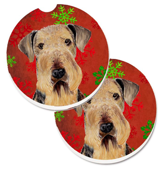 Caroline's Treasures Airedale Red & green Snowflakes Holiday Christmas Set of 2 Cup Holder Car Coasters SC9413CARC, 2.56, Multicolor