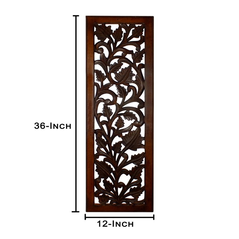 Mango Wood Wall Panel Hand Crafted with Leaves and Scroll Work Motif, Brown-Benzara