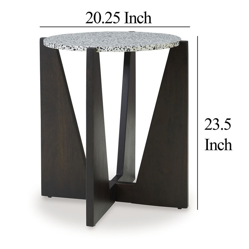 Accent Table, Round Terrazzo Tabletop, 25 Inch, Dark Brown Mango Wood - Benzara