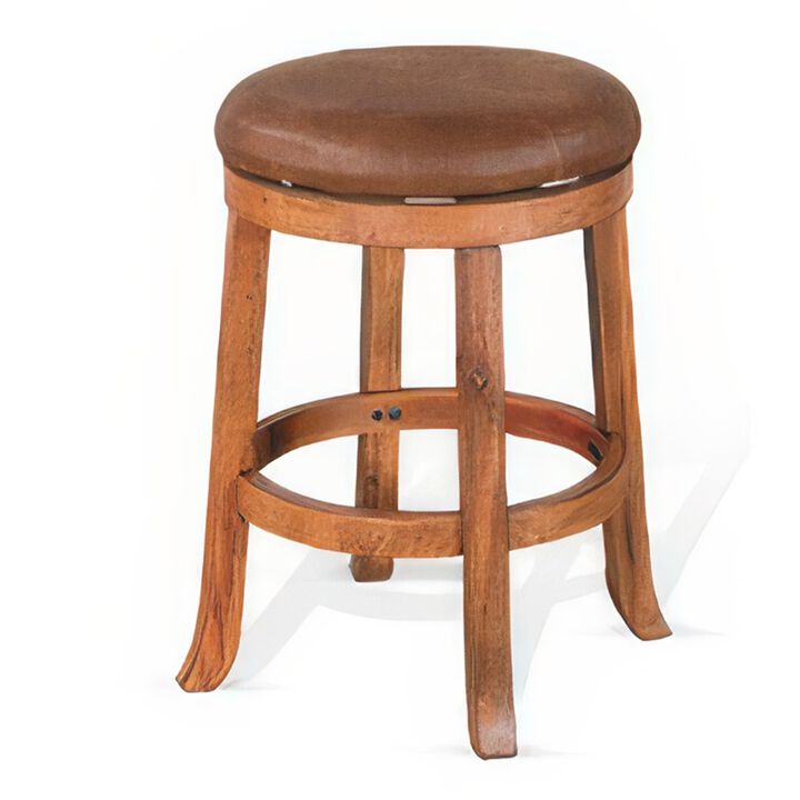 Marv Swivel Counter Stool Set of 2, Brown Faux Leather, Mahogany - Benzara