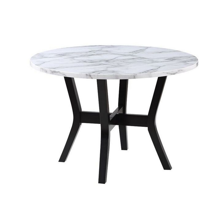 5 Piece Dining Table and Chairs Set, Black Wood, Fabric, Faux Stone Top - Benzara