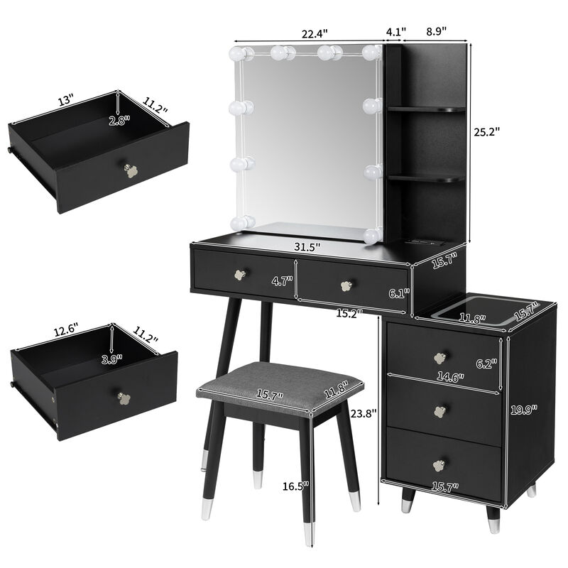 Vanity Mirror Cabinet with LED Lights, 5 Drawers & Storage Shelves