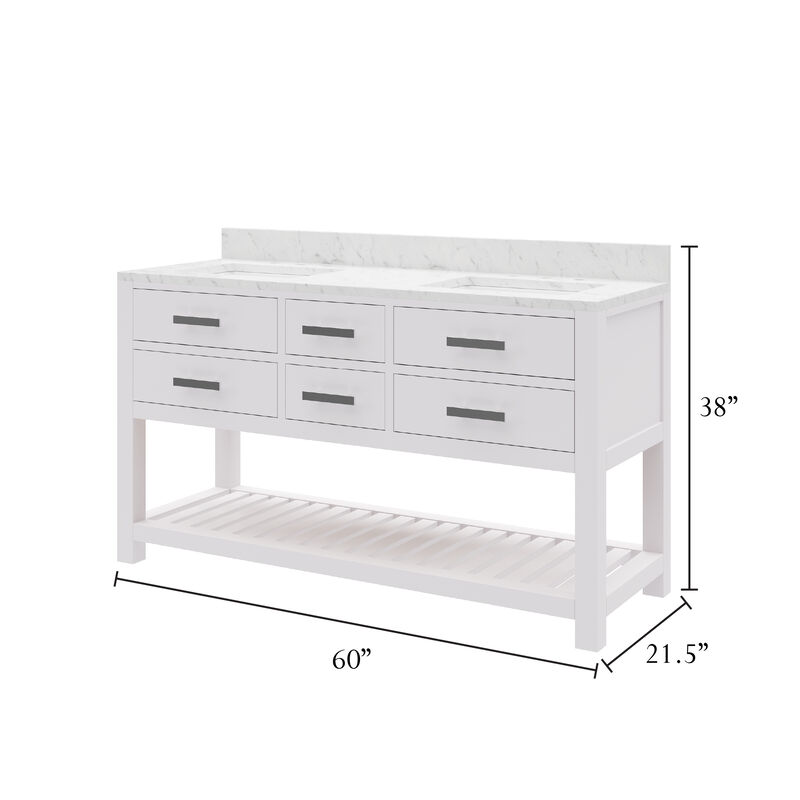 Madalyn 60 In. Double Sink Carrara White Marble Countertop Bath Vanity in Pure White