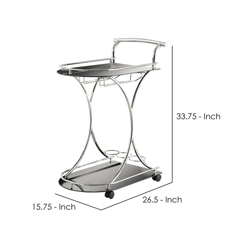 Dazzling Serving Cart With 2 Black Glass Shelves, Silver-Benzara
