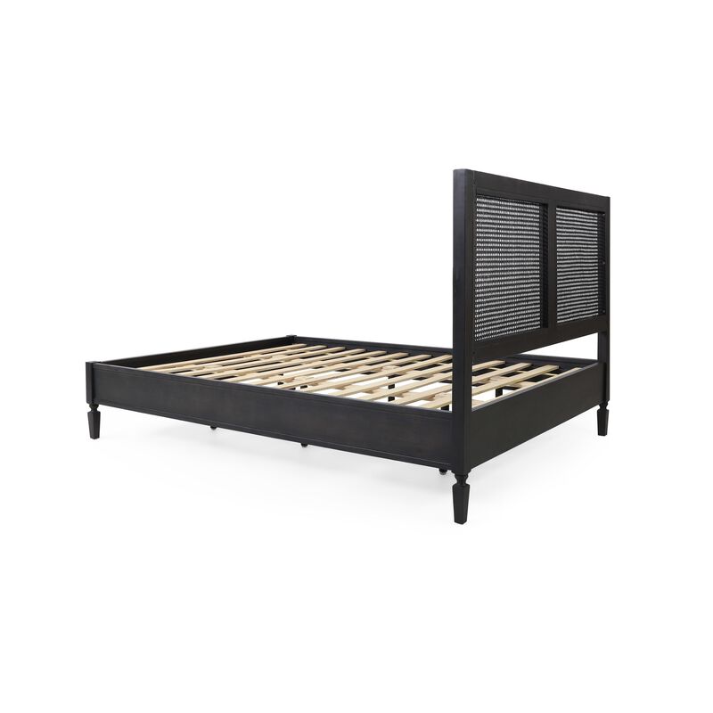 Queen Bed, Cane Rattan Upholstered Headboard, Dark Gray Acacia Wood - Benzara