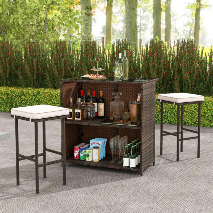 Hivvago 3 Pcs Patio Bar Set with Tempered Glass Tabletop