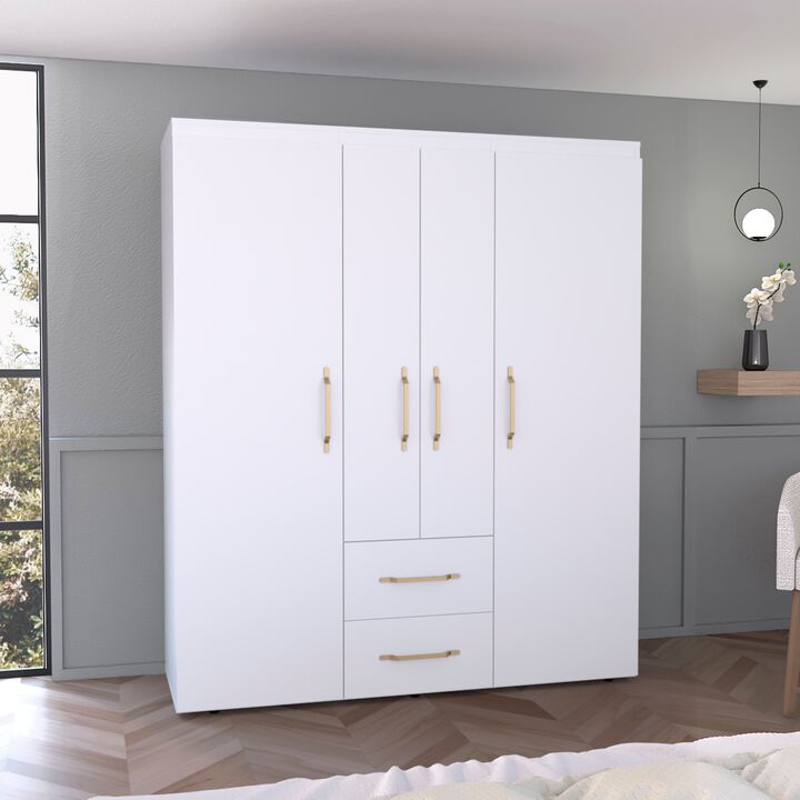 Bariloche Wardrobe, Multi-Section Storage with Hanging Rods, Shelves, and 2 Drawers-White