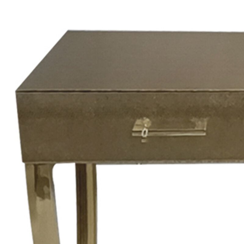 39 Inch Sofa Console Table, 2 Drawers, Vegan Faux Leather, Champagne Gold-Benzara