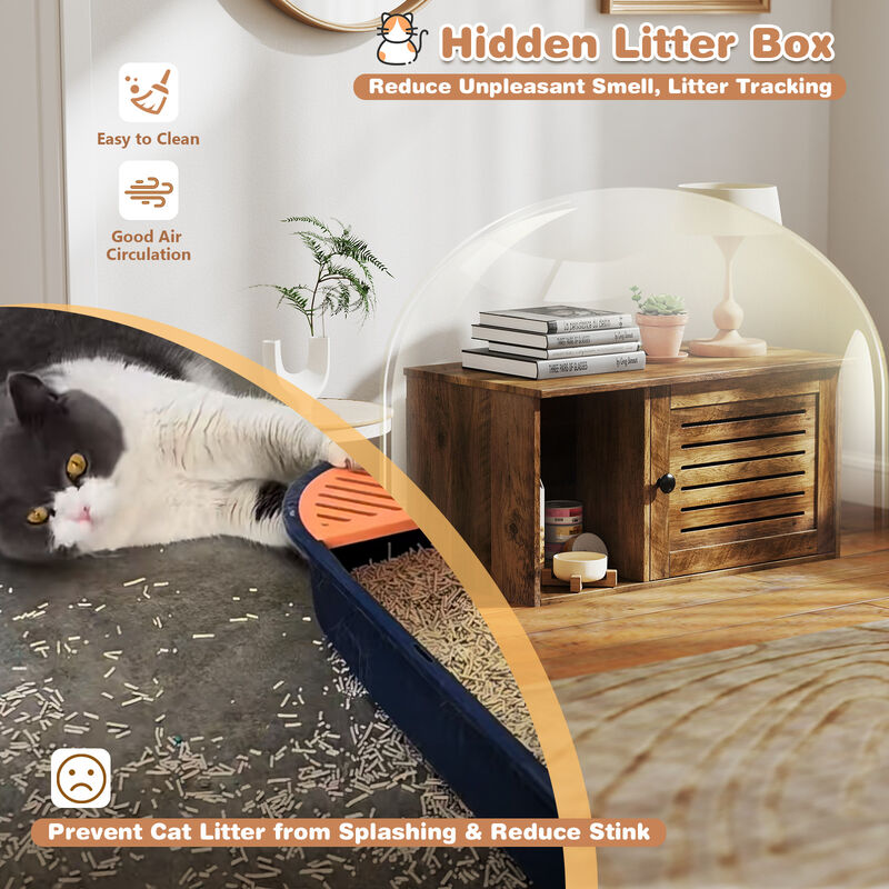 Cat Litter Box Enclosure with Louvered Door and Open Compartment