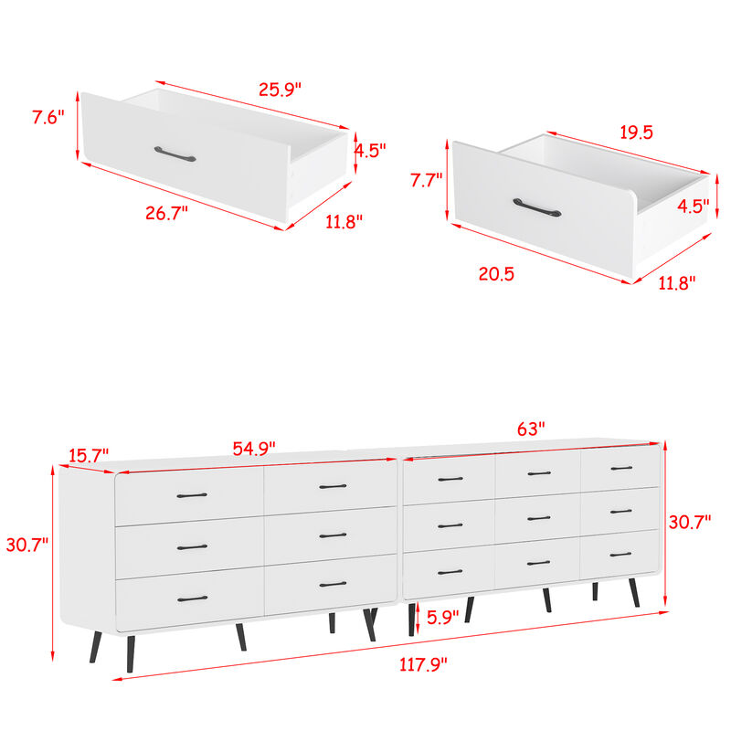 FUFU&GAGA Modern 15-Drawer Dresser with Sleek Black Handles & Legs (117.9" W x 15.7" D x 30.7" H), White
