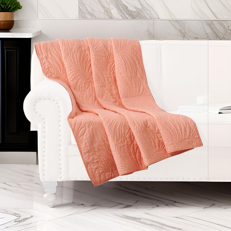 Xumi 50 x 60 Inch Quilted Throw Blanket, Frond Quilting, Coral Pink Cotton - Benzara