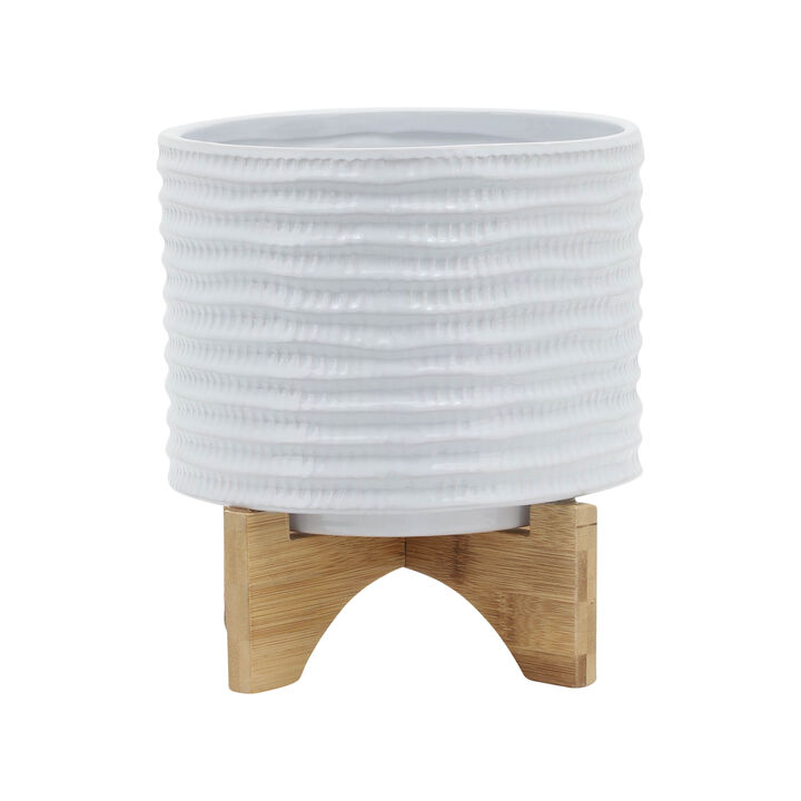 8" Textured Planter with Stand, White