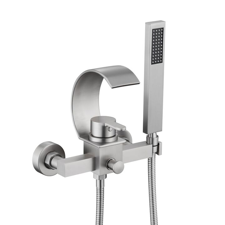 Mondawe Luxury Wall Mounteded C-Shape  Single Handle Shower Tub Kit with 2-Spray Waterfall Tub Spout and Handheld Shower Faucet in Brushed Nickel