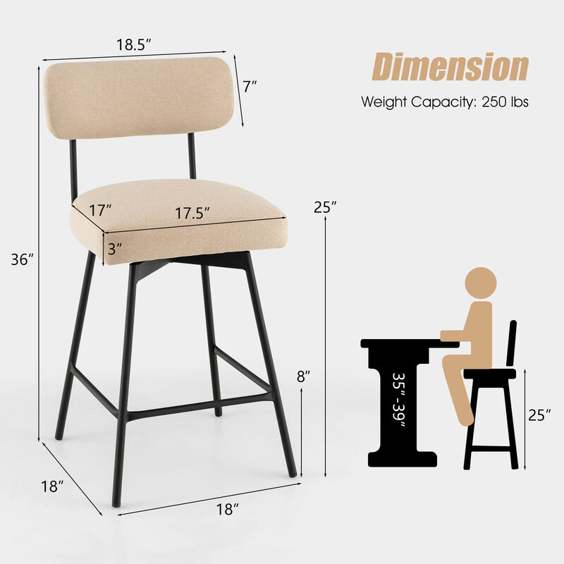 25" 2-Piece Modern Upholstered Bar Stools with Back and Footrests-Beige