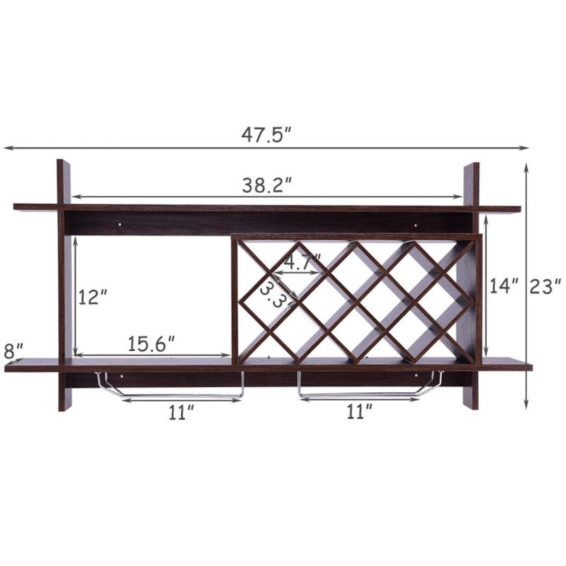Hivvago Wall Mount Wine Rack with Glass Holder & Storage Shelf-Walnut