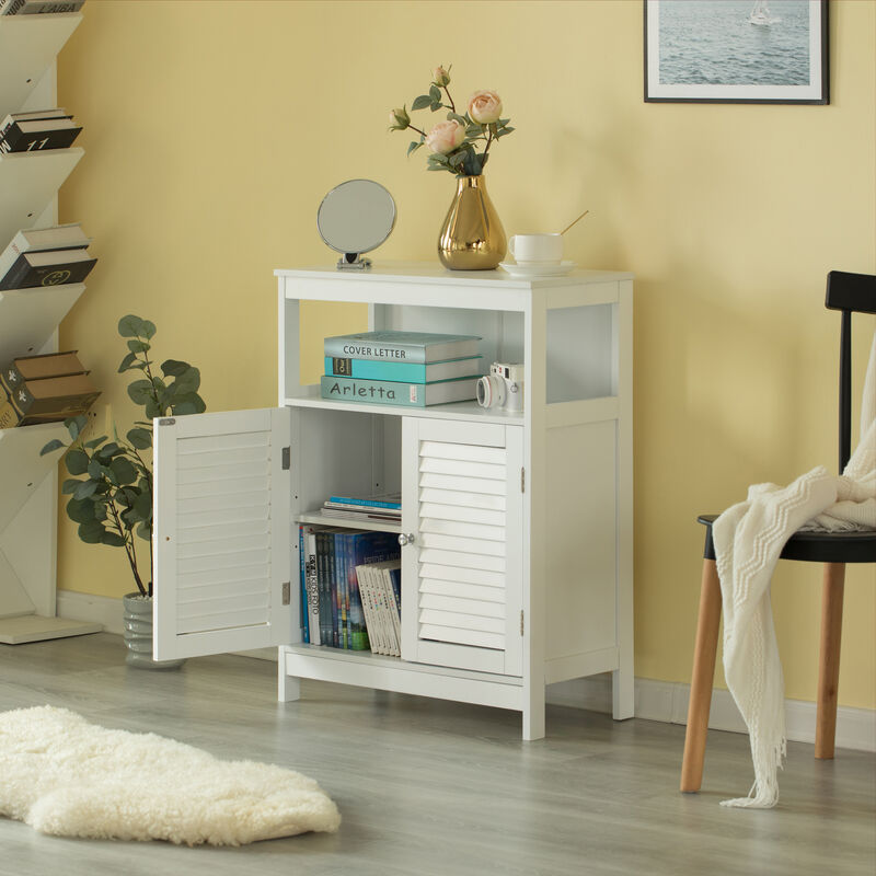 Wooden White Modern Storage Bathroom Vanity Cabinet with Adjustable Shelves and Two Horizontal Planks Design Doors
