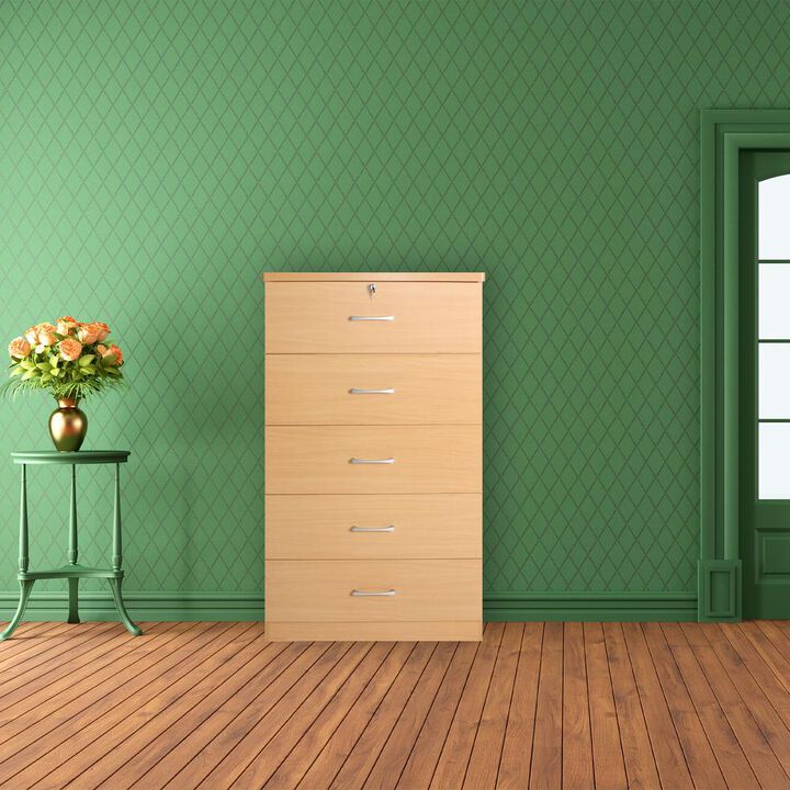 Better Home Products Olivia Wooden Tall 5 Drawer Chest Bedroom Dresser in Beech