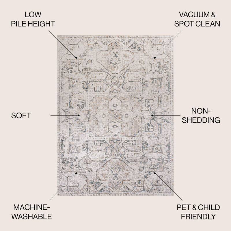 Edith Distressed Medallion Low-Pile Machine-Washable Cream/Light Gray Rug