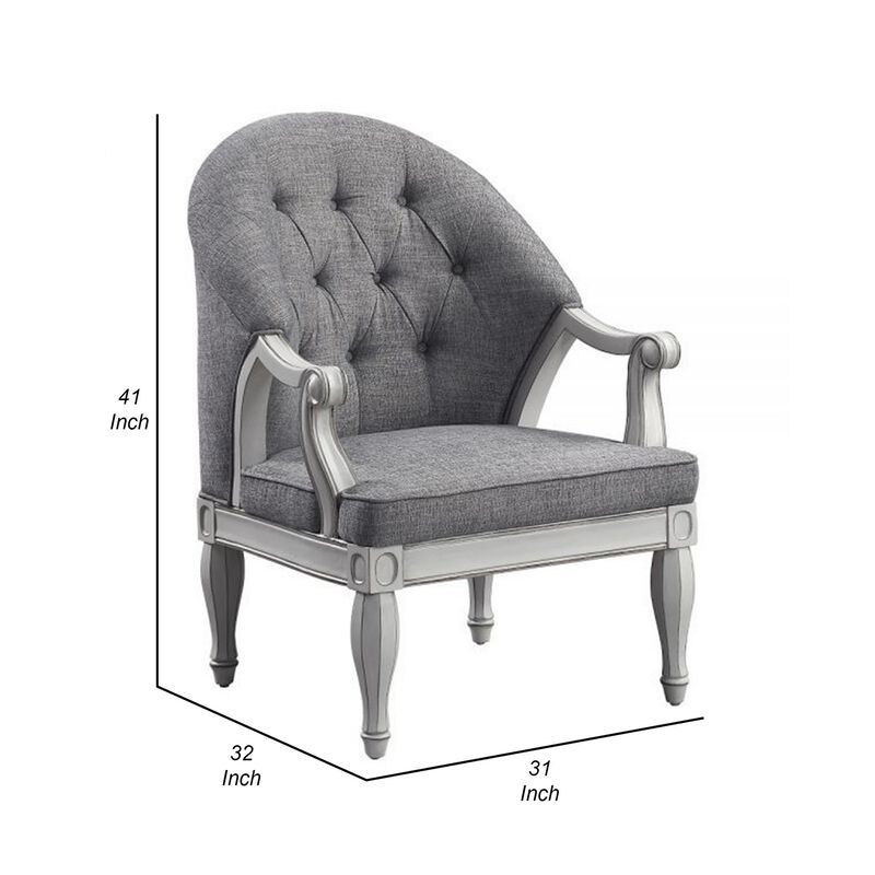 Fil 32 Inch Armchair, Tufted Backrest, Fabric Upholstery, Poplar Wood, Gray - Benzara