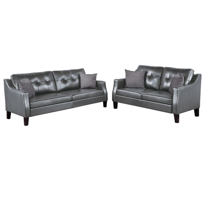 Hera 2 Piece Sofa and Loveseat Set, 4 Pillows, Classic Gray Faux Leather-Benzara
