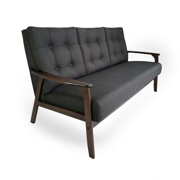 Sofa, 66 Inch, Button Tufted Design Dark Gray Fabric, Birch Wood - Benzara