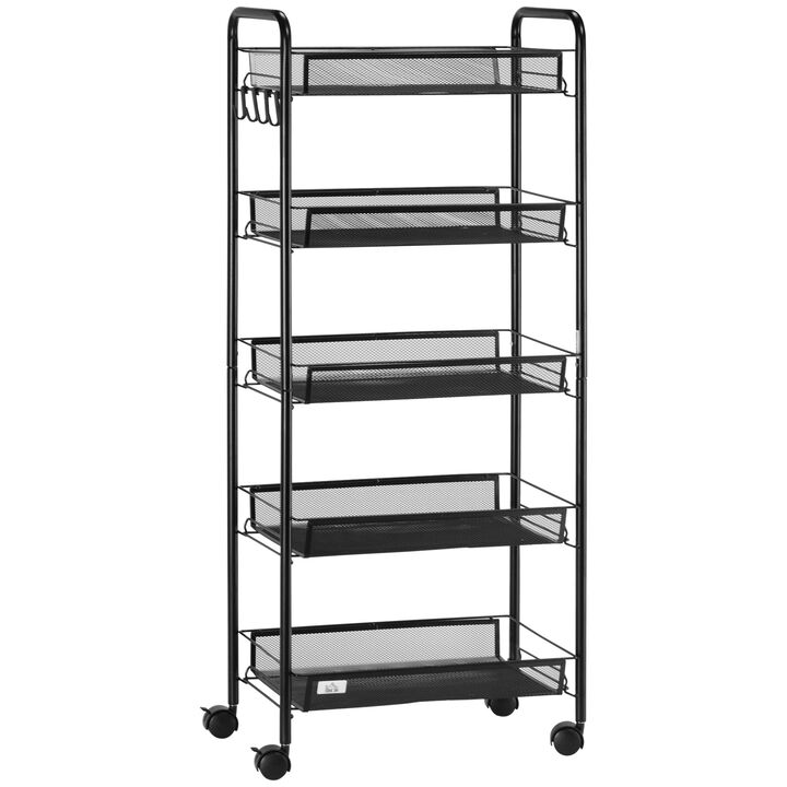 Black Utility Organizer: 5-Tier Rolling Cart with Mesh Baskets