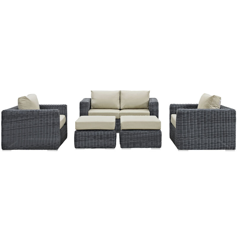 Summon 5 Piece Outdoor Patio Sunbrella Sectional Set - Canvas Antique Beige