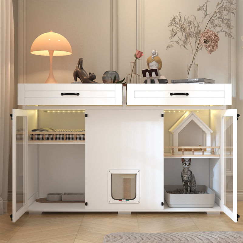 FUFU&GAGA White Cat Cabinet with Metal Lock, Cat Hole, Metal Hinges, Cable Management, Raised Feet & Metal Slide, (63" x 23.6" x 39.4"),White