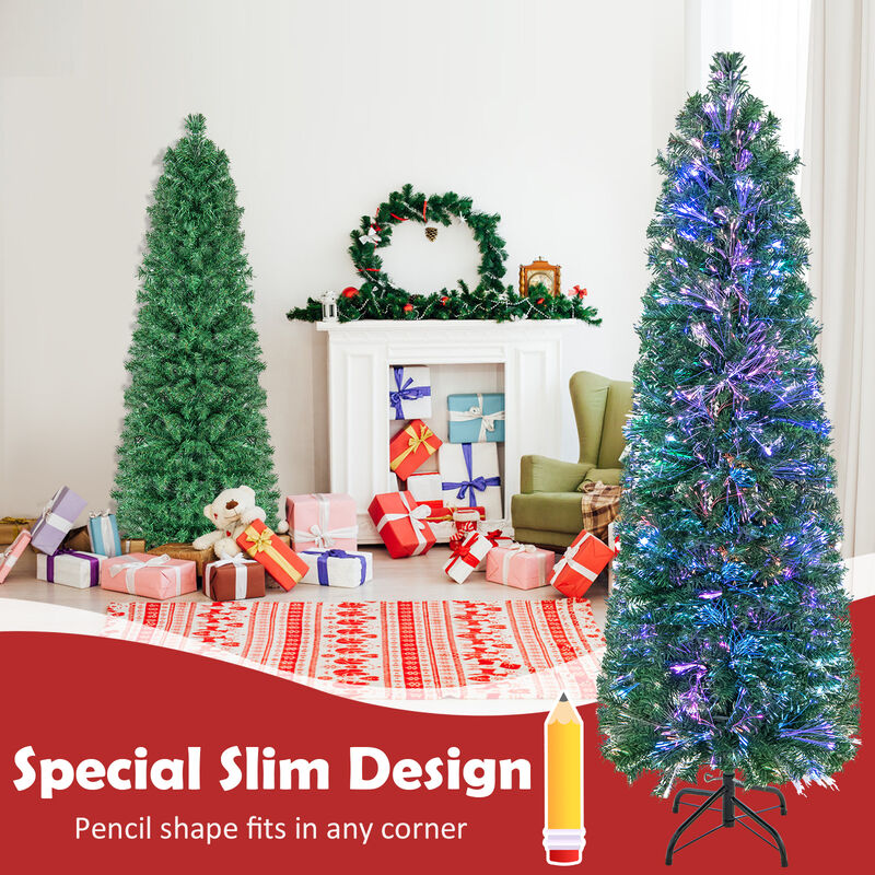 Pre-Lit Christmas Pencil Tree with Colorful Fiber Optic Lights for Holiday Decor