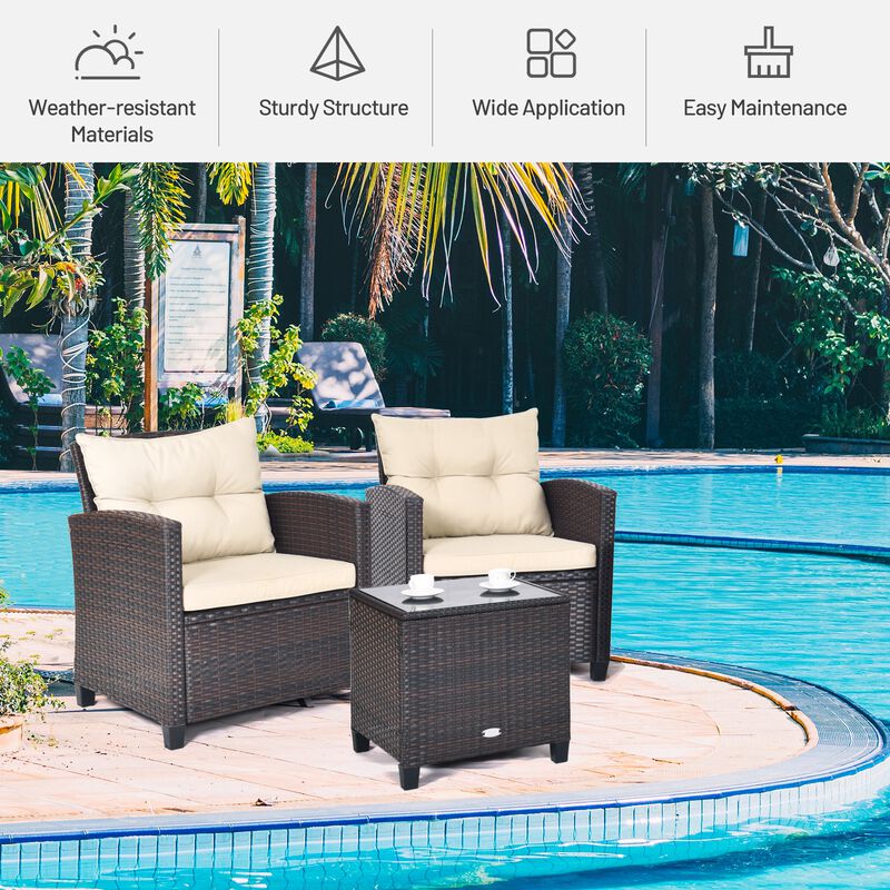 3 Pcs Patio Rattan Furniture Set Cushioned Conversation Set Coffee Table