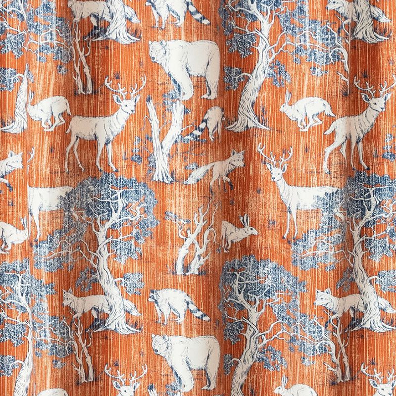 Gin 72 Inch Shower Curtain, Fun Deer and Bears Print, Orange Microfiber-Benzara