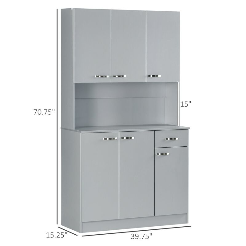 Elegant 71" Gray Kitchen Buffet: 6-Door Storage, Shelves, Drawer