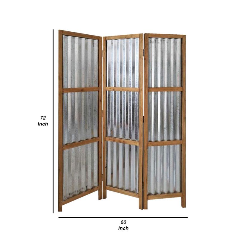 Industrial 3 Panel Foldable Screen with Corrugated Design,Silver and Brown-Benzara