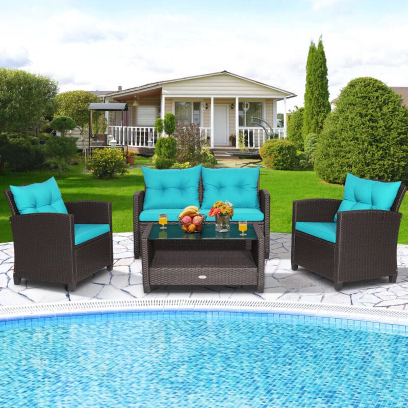 Hivvago 4 Pieces Patio Rattan Furniture Set with Tempered Glass Coffee Table