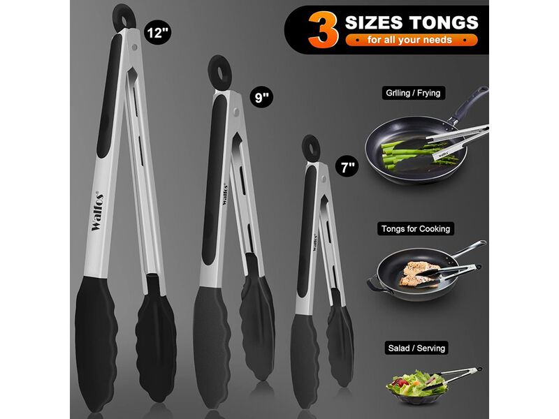 Walfos Kitchen Tongs - Heat Resistant Cooking Tongs Set of 3