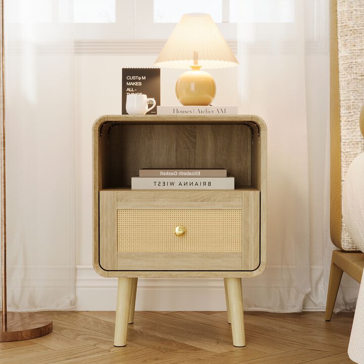 FUFU&GAGA Modern Rattan Nightstand with Drawer & Open Storage, Solid Wood Legs, Natural Wood Grain Finish, (17.7" W x 23.8" H x 13.9" D), Brown