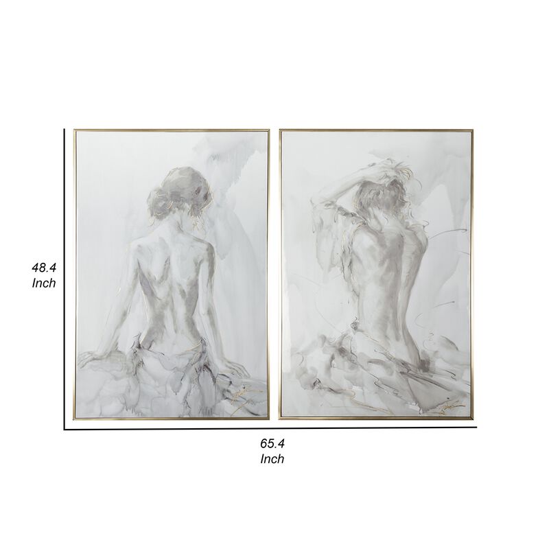 Tia 33 x 49 Hanging Wall Art Portrait Set of 2, Gray Feminine Figure Sketch - Benzara