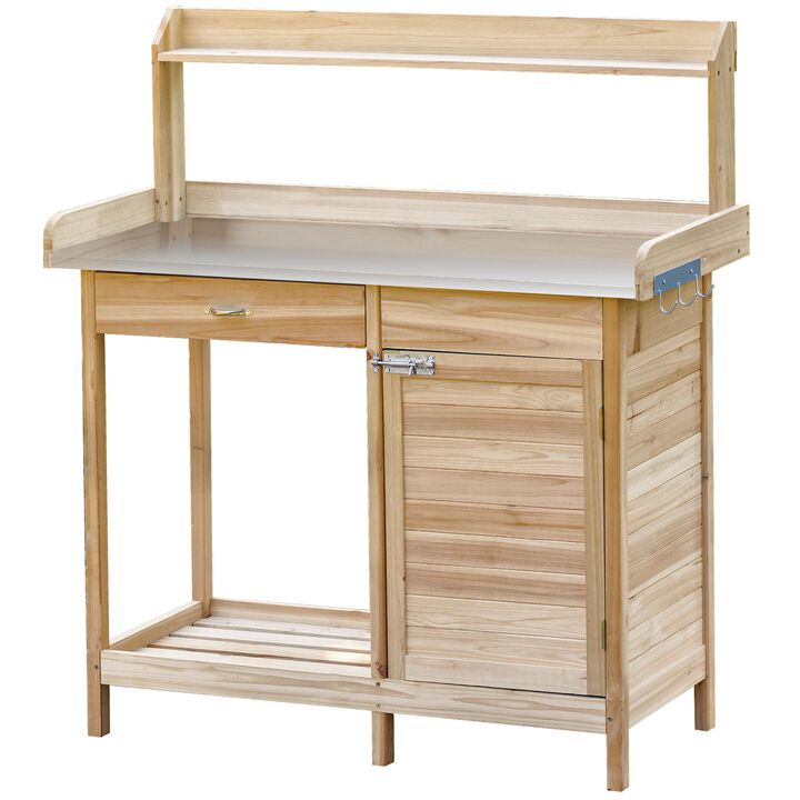 Natural Wood Garden Station: Potting Bench with Storage and Steel Top