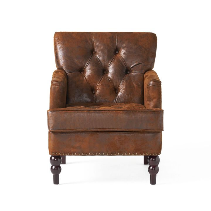 Lit Accent Chair with Classic Brown Button Tufted Microfiber Design - Benzara