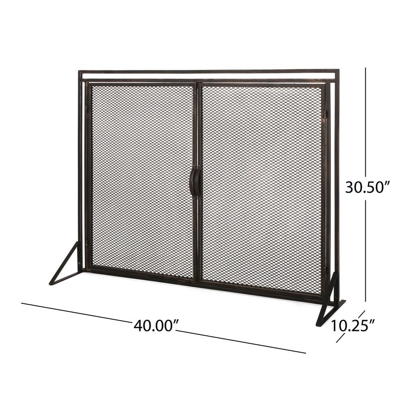 31x40 Fireplace Screen, 2 Door Diamond Mesh Design, Black Bronze Iron -Benzara