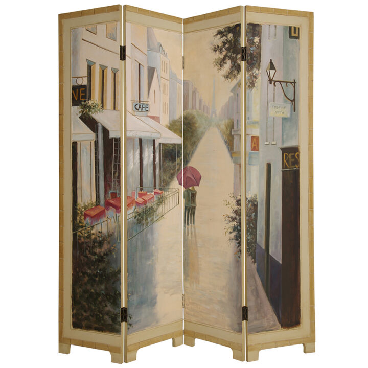 Wooden Screen with Artwork of Hand Painted Paris Promenade, Multicolor - Benzara