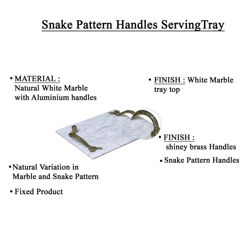 Mamba White Marble Decorative Serving Tray with Brass Snake Handles - Benzara