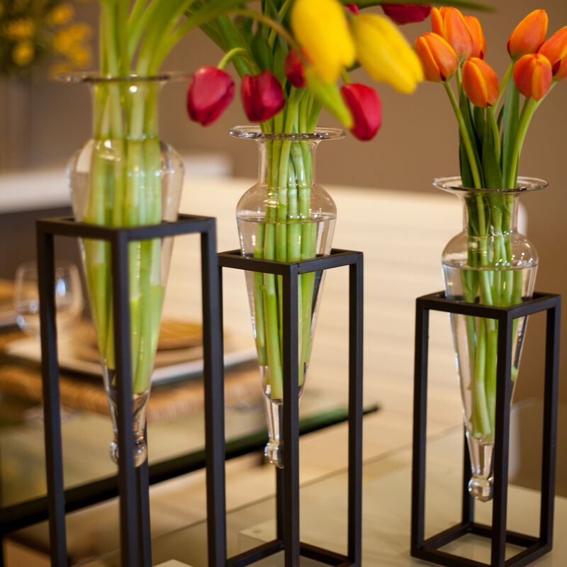 Set of 3 Amphorae Vases on Square Tubing Metal Stands