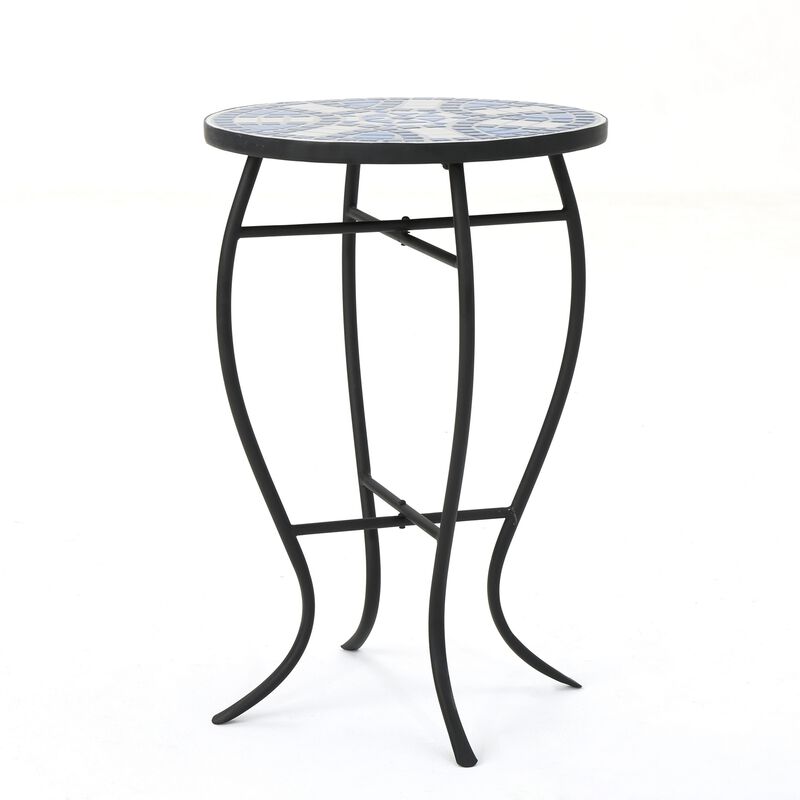 Outdoor Side End Table, 14 Inch Round Blue, White Mosaic Ceramic Top - Benzara