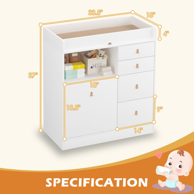 White 5-Drawers 33.5 in. Width Dresser, Kids Low Dresser, Changing Table with Shelf