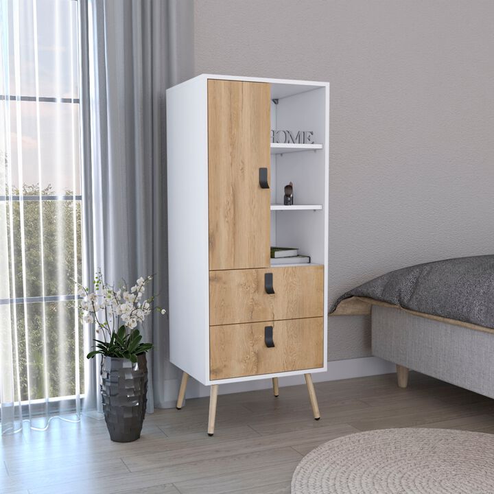 Huna Tall Dresser, Unit with Door, 2 Drawers, and Open Shelves-White / Macadamia