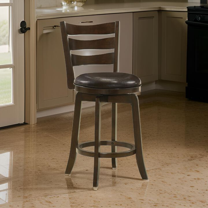 Mona Swivel Counter Height Chair, Dark Brown Faux Leather Cherry Brown Wood - Benzara